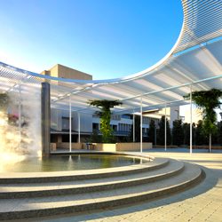 Fountain in front of the McDermott Library.