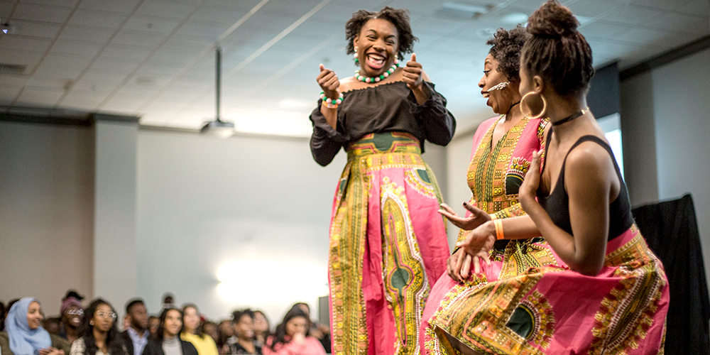 Photo of Katherine Otah, Vanessa Webb and Chelsea Orisakwe on the runway