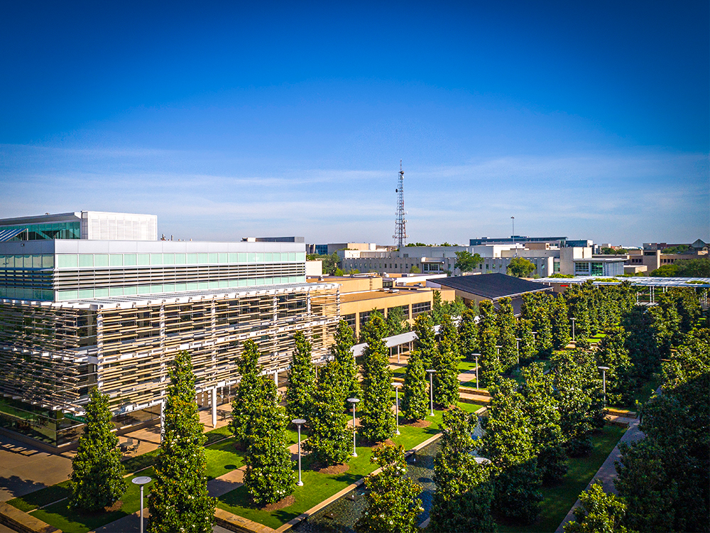 Aerial picture of the campus mall with magnolia tree-lined reflecting pools